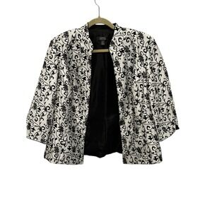 Dressbarn Womans Blazer Size 16 White Black Floral Brocade Jacket 3/4 Sleeve